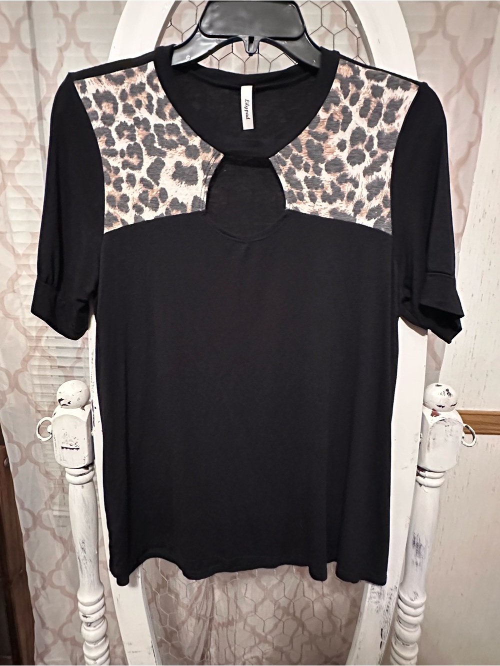 Lily Black Tee with Leopard Shoulder Panels